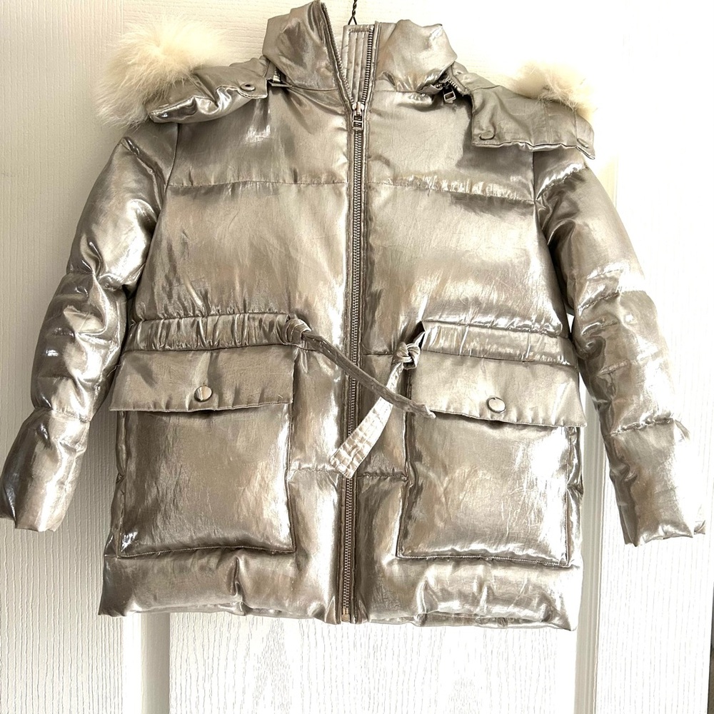Yves Salomon Metallic Kids Puffer Jacket with Faux Fur Trim